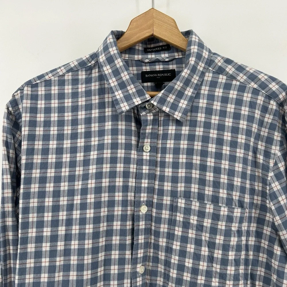 Banana Republic Shirt‎ XL Untucked Fit Blue Plaid Button Up Preppy Casual
